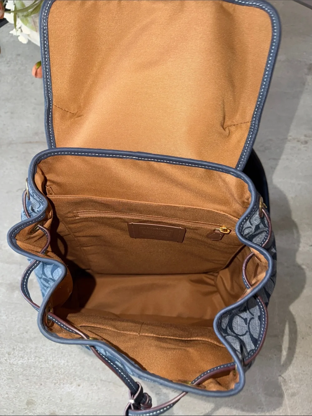 Coach Navy Signature Denim Canvas Backpack with Leather Trim